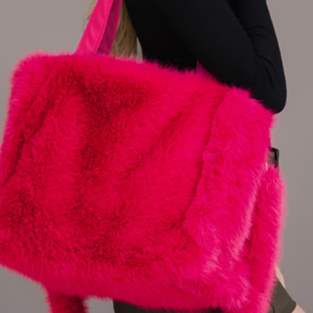 Hot Pink Fur Oversized Bag Purse Large Tote Shoulder Handbag Womens Accessory - Picture 2 of 2